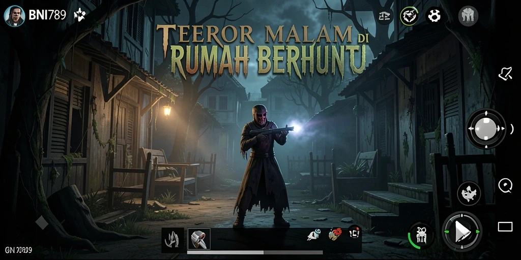 Gameplay menegangkan di malam hari dalam rumah berhantu.