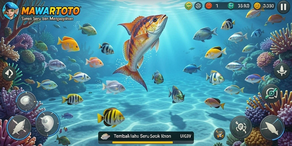 Tampilan gameplay seru dari MAWARTOTO dengan berbagai ikan yang menunggu untuk ditembak.