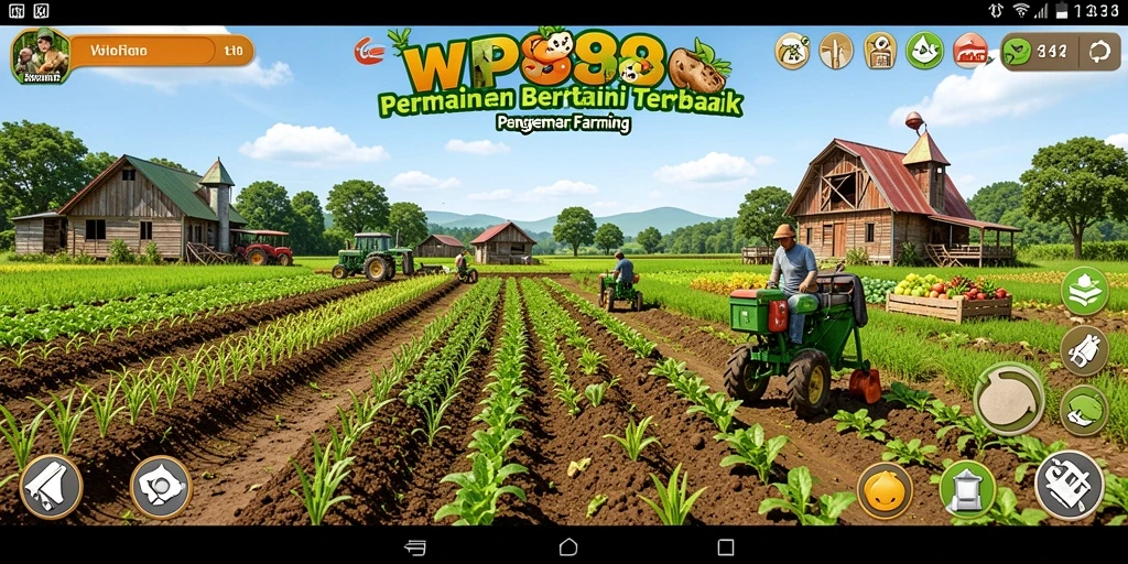 Screenshot WP888 menampilkan pemain merawat ladang dengan berbagai tanaman hijau.